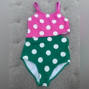 BODEN PINK AND GREEN POLKA DOT SIDE CUTOUT BATHING SUIT ONE PIECE SWIMSUIT
